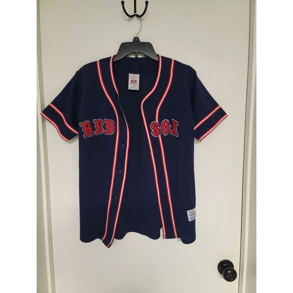 Kids deep navy blue and red Boston Red Sox full button up embroidered jersey